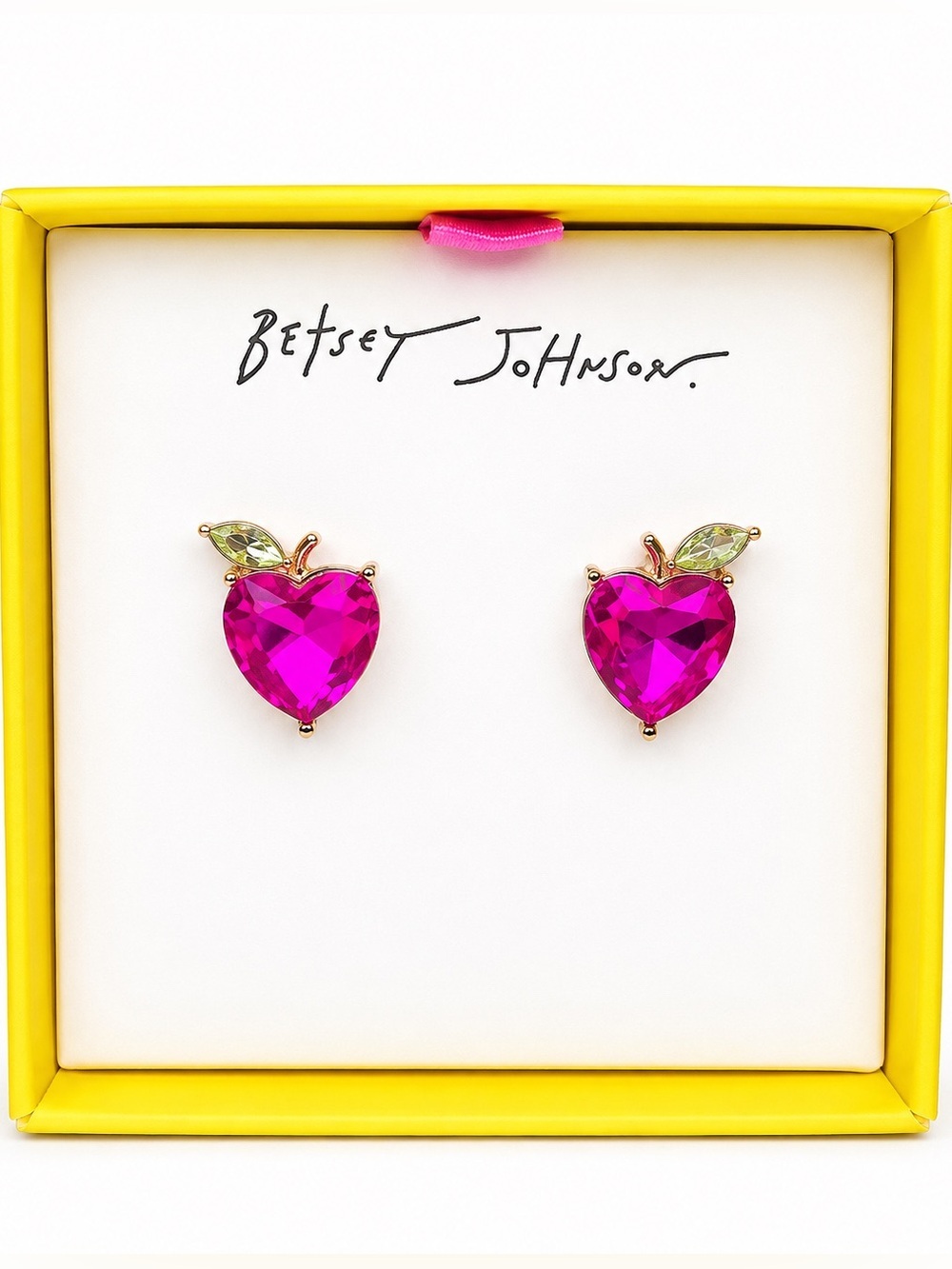 Betsey Johnson Fuchsia Heart Apple with Lime Leaf Stud Earrings